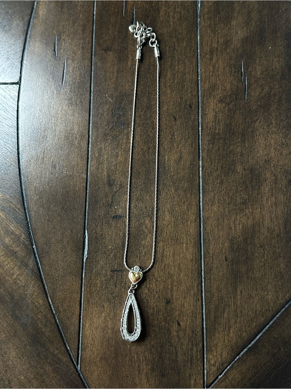 Silver Teardrop Pendant Necklace with Gold Accent Heart - Vintage Brighton